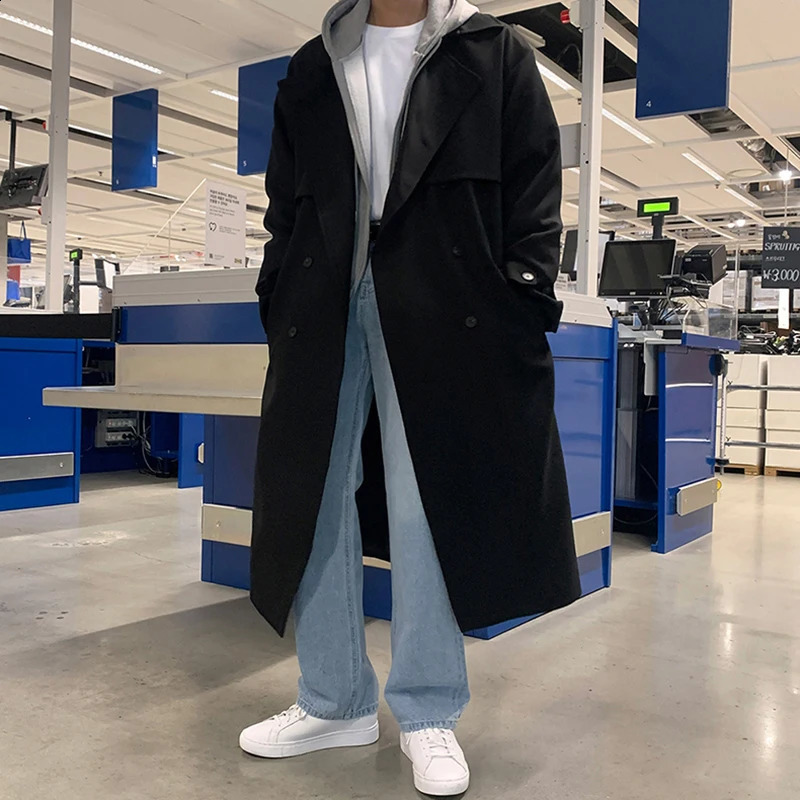 IEFB Autumn Winter Overcoat Mens Mid Length Coat Korean Fashion Loose Knee Over British Trench With Cotton Windbreakers 9C1874 250729