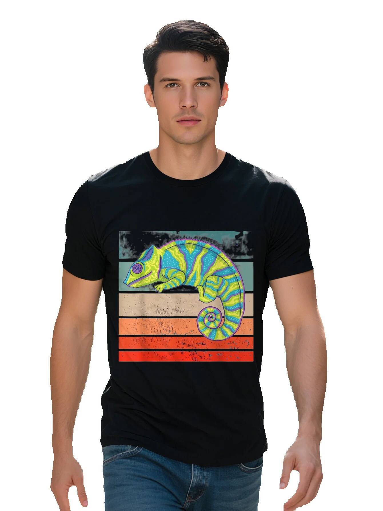 Men s g Cotton T Shirt Vibrant Cartoon Lizard Graphic Print Short Sleeve Crew Neck Tee for Casual Attire f048d