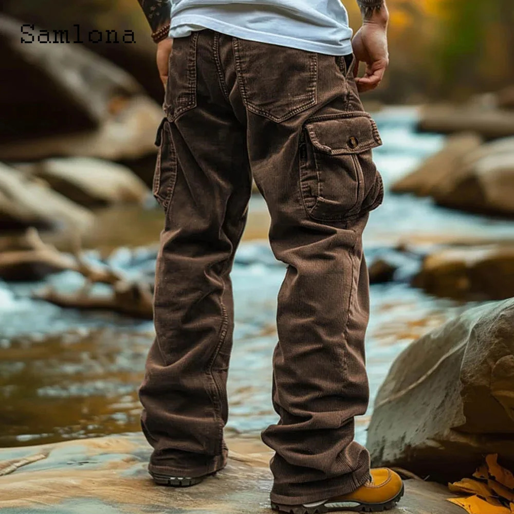 European Fashion Corduroy Cargo Pants Mens Stand Pocket FullLength Trousers Plus Size Casual Straight Sweatpants 250809