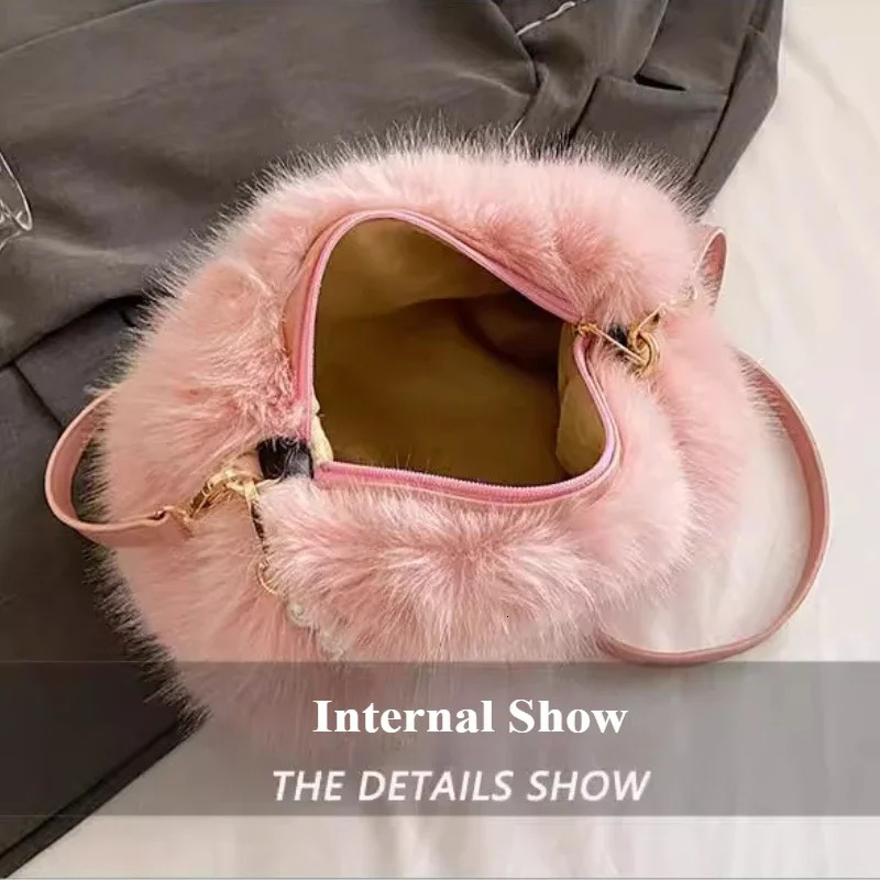 Candy Color Pearl Handle Womens Plush Crossbody Bag Portable Female Furry Handbags Winter Fashion Casual Ladies Shoulder Bags 250811