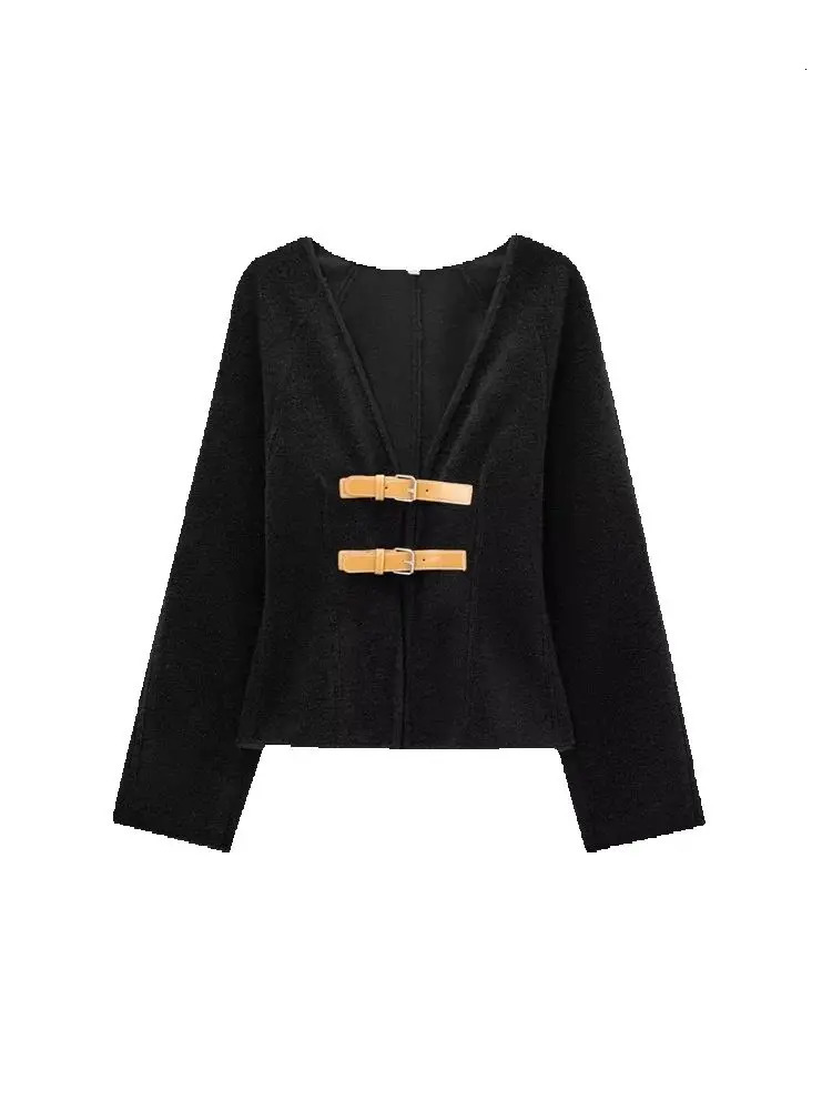 TRZA Women Fashion With Belt Woolen Jacket Coat V Neck Long Sleeve Female Outerwear Chic Tops 250809
