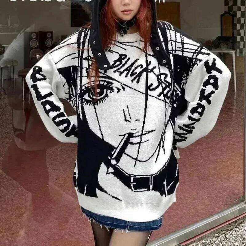 Y2k Autumn/winter Sweater Cartoon Anime Knit Long Sleeve Round Neck Pullover Loose-fit Fashionable Trendy Top For Men Women