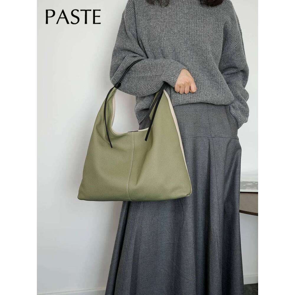 New Simple Huge Capacity Green Travel Tote Hit-color Genuine Cow Leather Women Handbag Leisure Female Armpit Shoulder Bag