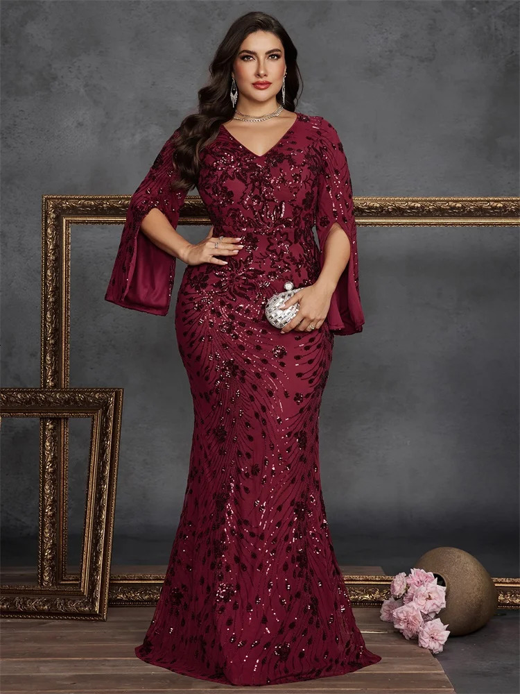 BLUEPLUM Plus Size y Black Evening Dresses Women Long Sleeve Mermaid Formal Sequins Prom Wedding Party Cocktail Gowns 250811