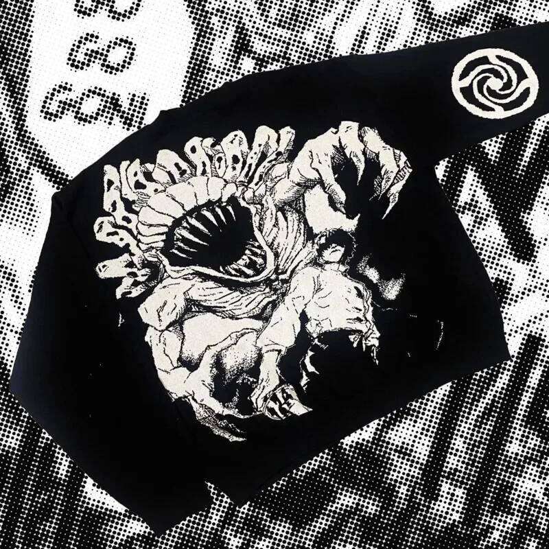 Graphic Print Black Knitted Streetwear Demon Anime Pullover Unisex Casual Loose Sweaters Men Gothic O-neck Pullovers