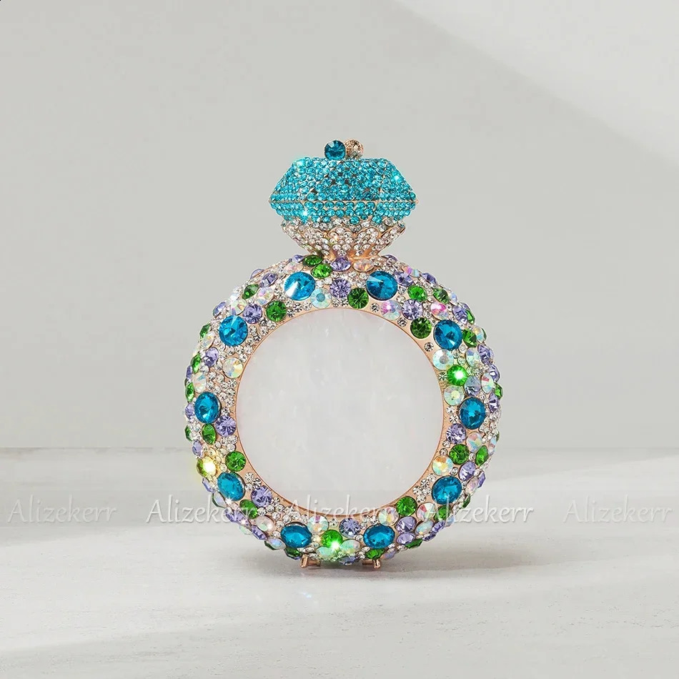 Alizekerr Perfume Bottle Shaped Crystal Evening Bags Women Gorgeous Classy Rhinestone Round Metal Clutch Purses Wedding Party 250809