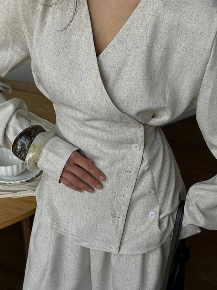 Elegant Vneck Shirt Pants Set Women Slim Button Long Sleeve Top Wide Leg Trousers Lady Suit Casual Chic Female Outfits 250811