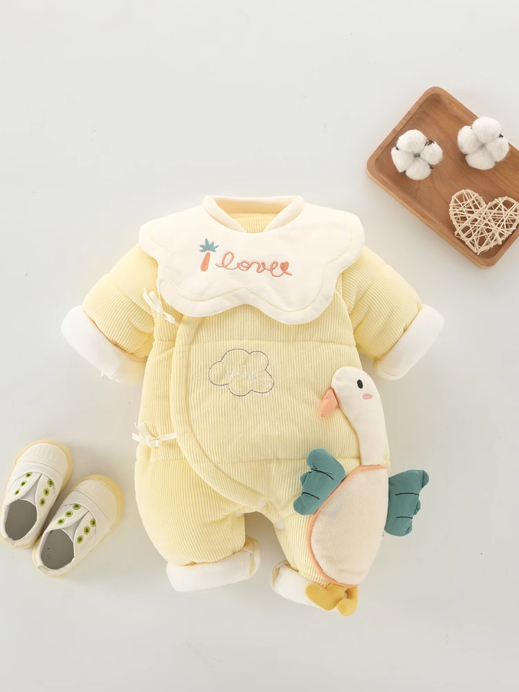 Baby Winter Fleece Thick Cotton Detachable Bib Onesie with Ties