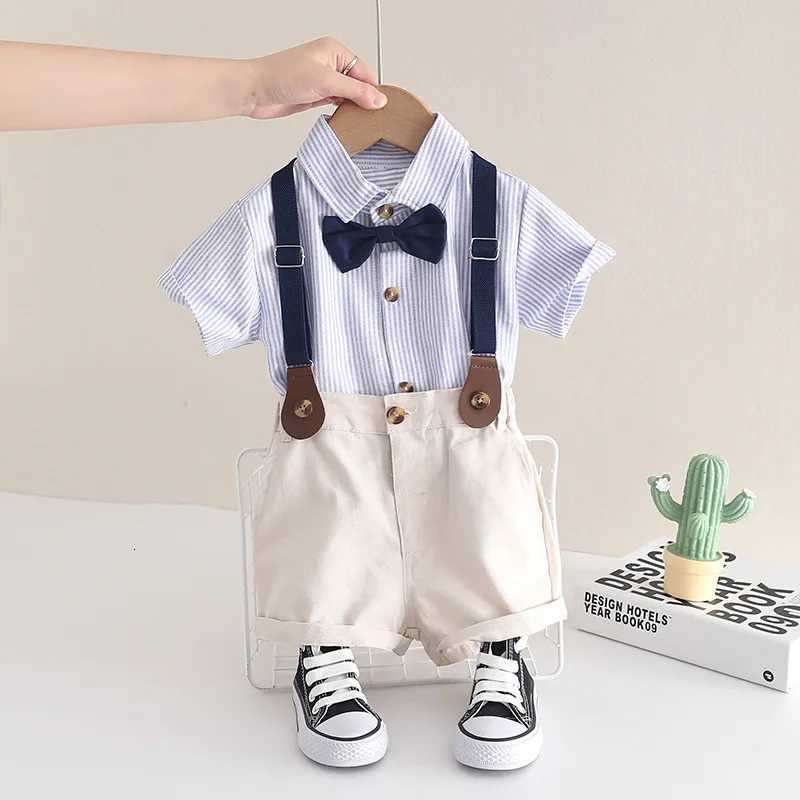 Fashion Summer Children Kids Boys Clothes Blue Strips Shirt Bib Shorts 2Pcs/Set Gentleman Baby Toddler Tracksuits 0-5 Years Z250811