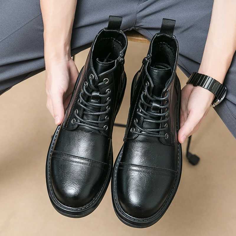 Men Black Leather Boots Casual Lace Up Leather Shoes Size 39-46 W250811