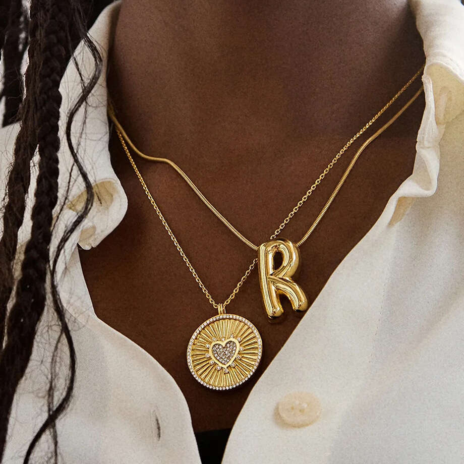 DHpet Double-Sided Heart Round Necklace Oil-Drip Heart-Shaped Full Dia Inlaid Pendant Versatile Sweater Chain Electroplated Color Retention
