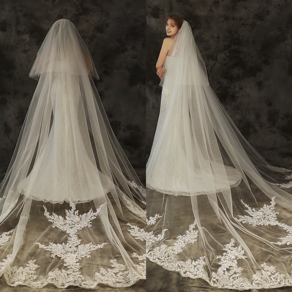 In Stock Two Layer Long Cathedral Length Wedding Veils Lace Appliques Edge Bridal Veils Wedding Accessories