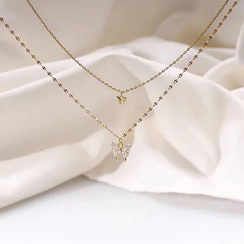 Popular Sterling Sier Double Layer Butterfly Necklace Zirconia Insect Pendant Birthday Gift For Women's Fine Jewelry