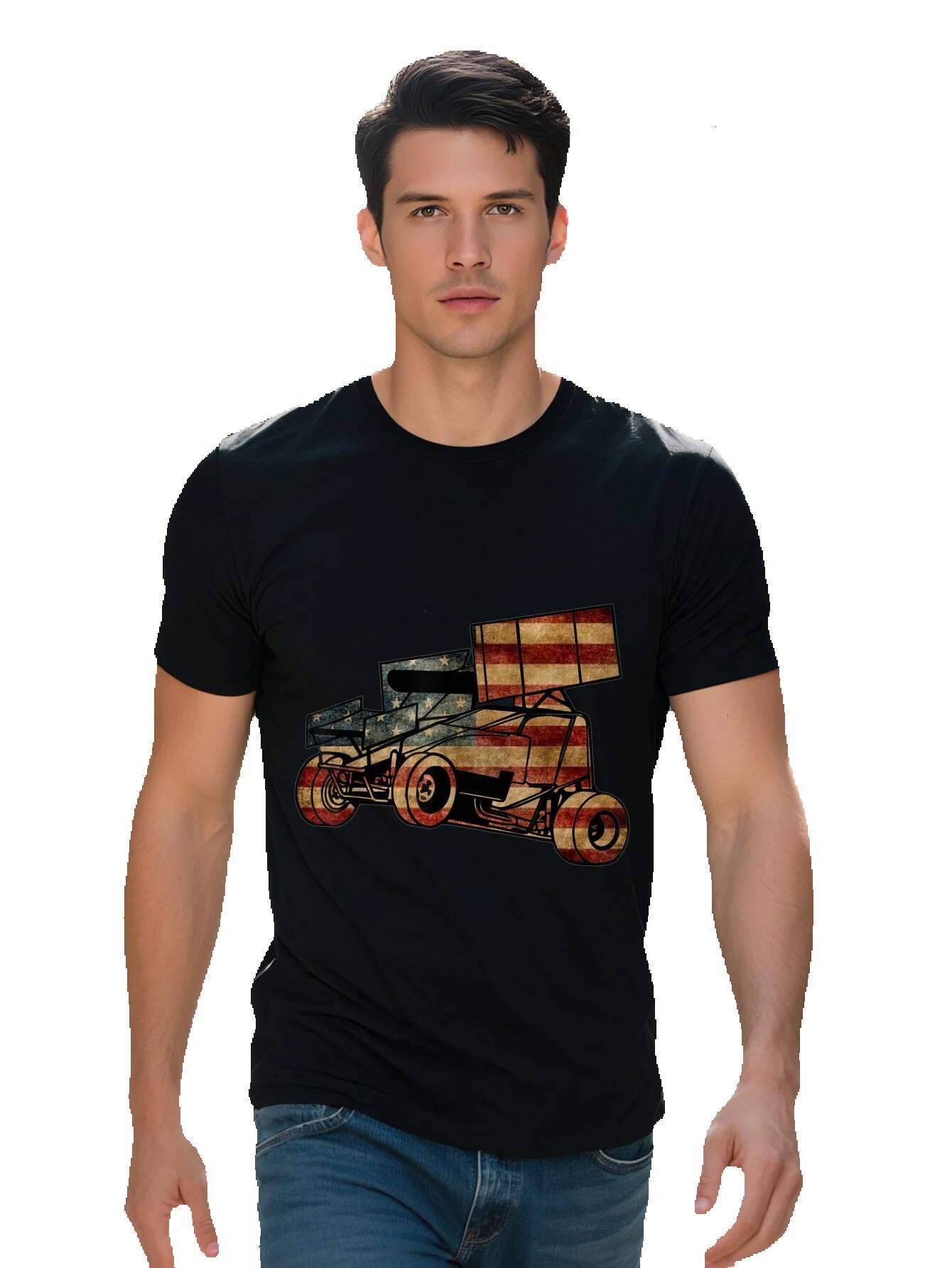 Men's T-shirt g Cotton Sprint Car Racing Dirt Track Vintage Looking American Flag T Shirt 73451