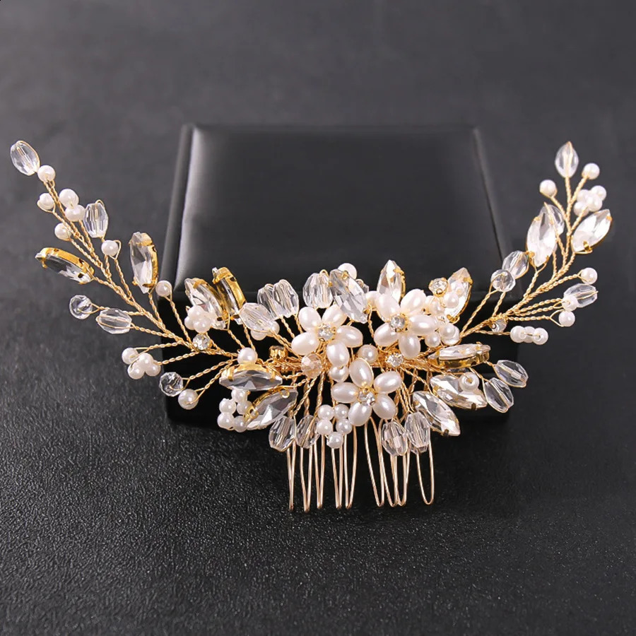Bridal Hair Comb Pearl Tiaras for Women Crystal Flower Hairpin Clip Girl Party Wedding Accessories Marriage Head Jewelry 250804