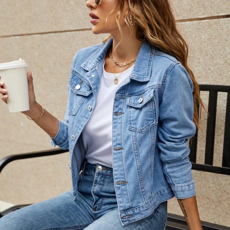 Fashion Vintage Jean Jackets 2025 Autumn Long Sleeve Casual Solid Cardigan Denim Coat Casual Pocket Outwear 250811