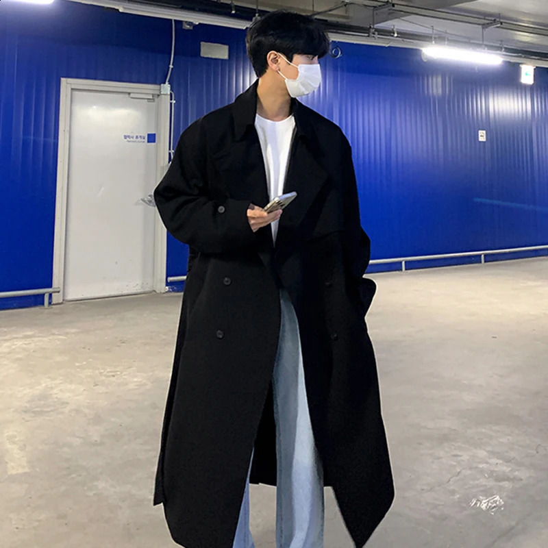 IEFB Autumn Winter Overcoat Mens Mid Length Coat Korean Fashion Loose Knee Over British Trench With Cotton Windbreakers 9C1874 250729