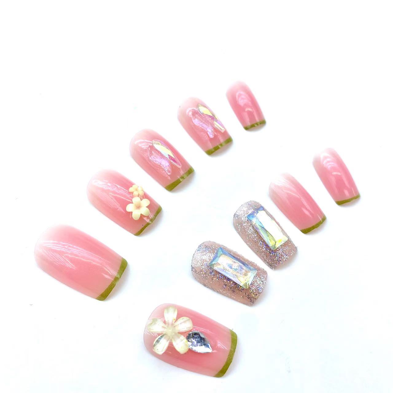 Fake nails Pink Short Round nails press on with Flower & Rhinestone Glitter Design Full Cover Handmade press on nails
