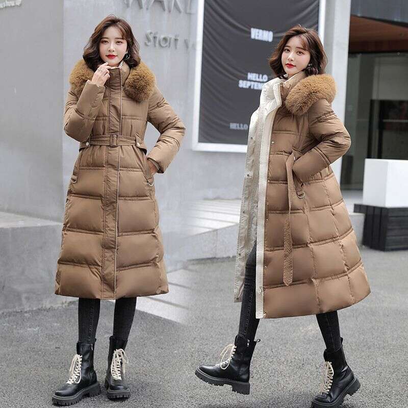 Winter new large fur collar, medium length waist belt, slim fit down cotton women's jacket