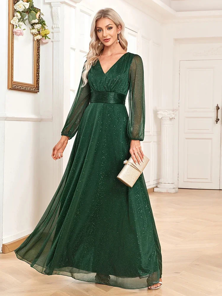 Womens Elegant V Neck Shiny Chiffon Evening Gown A Line Long Sleeve Wedding Bridesmaid Dress Party Dresses Women 250811
