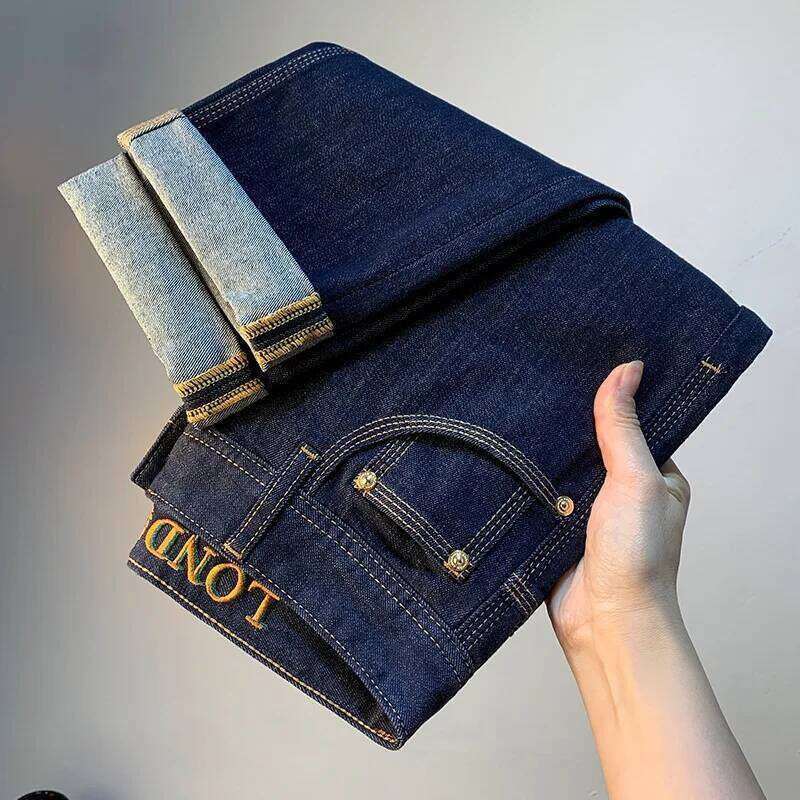 Original color washed denim jeans summer small straight leg casual high-end atmospheric simple slim fit men's pants