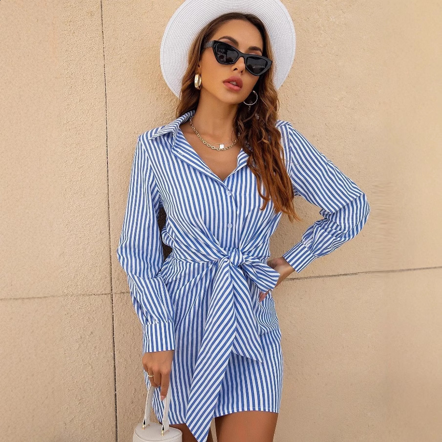Women Elegant Striped Print Mini Dress Female OL Work Office Leisure Basic Dress Long Sleeve Tight Waist Shirt Dress 210716