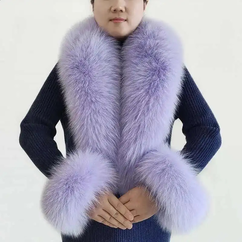 Winter Genuine Fox Fur Scarf Scarves Cuff Set Women Wraps Neck Warmer Furry Shawl Female Coat Fluffy Fur Collar Arm Cover 250808