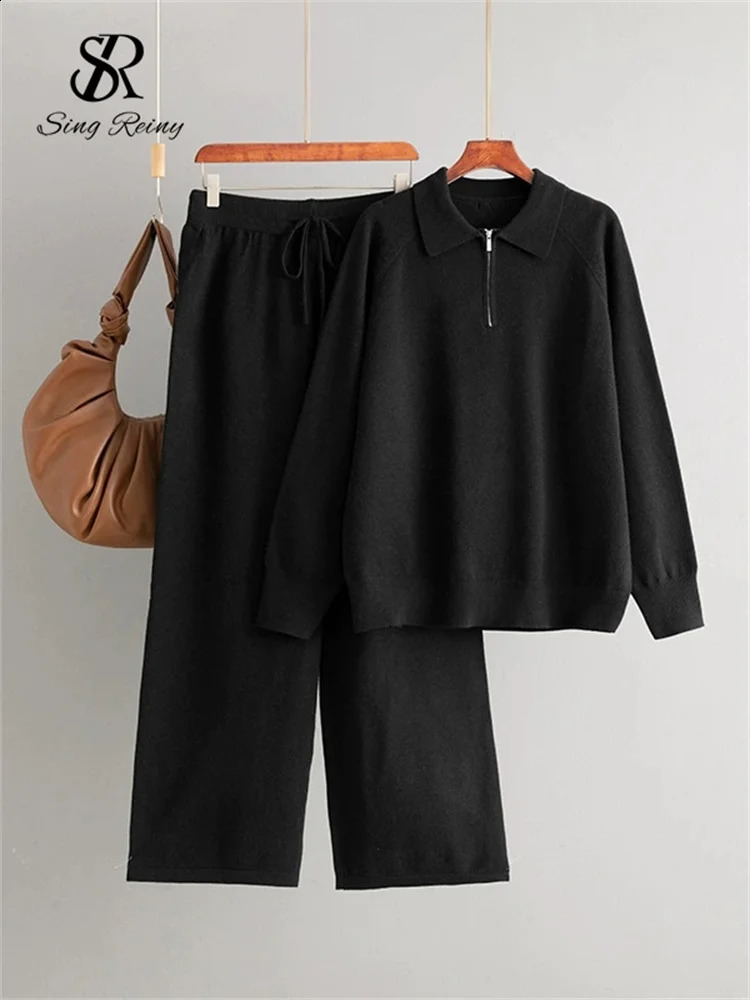 SINGREINY Winter Casual Sweater Suits Polo Collar Zipper TopsDrawstring Wide Leg Long Pant Female Solid Knitting Warm Sets 250806