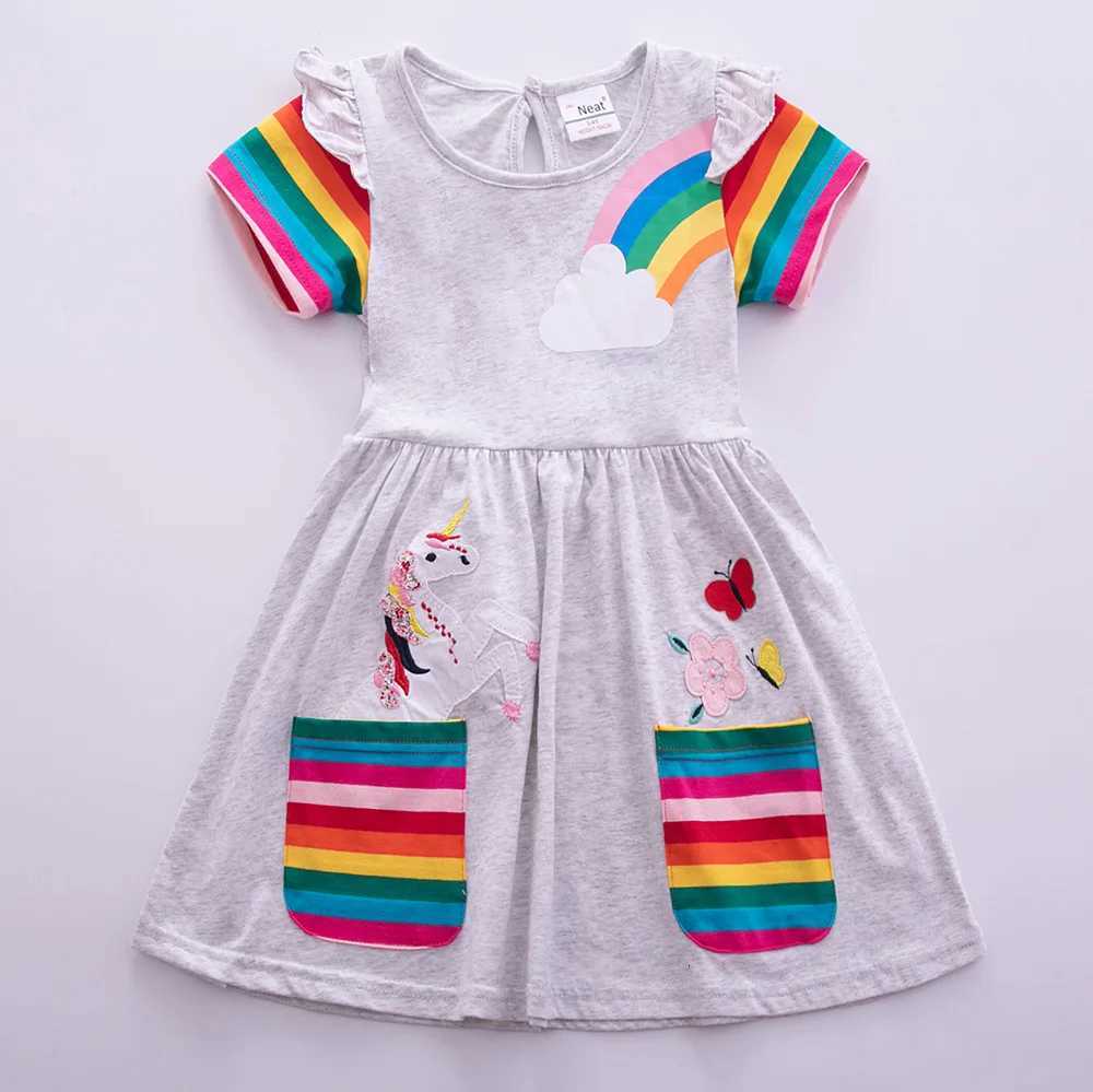 Girls Short Sleeve Unicorn Dress New Summer Embroidered Two Pockets Rainbow Sleeve Childrens SH81035 W250811