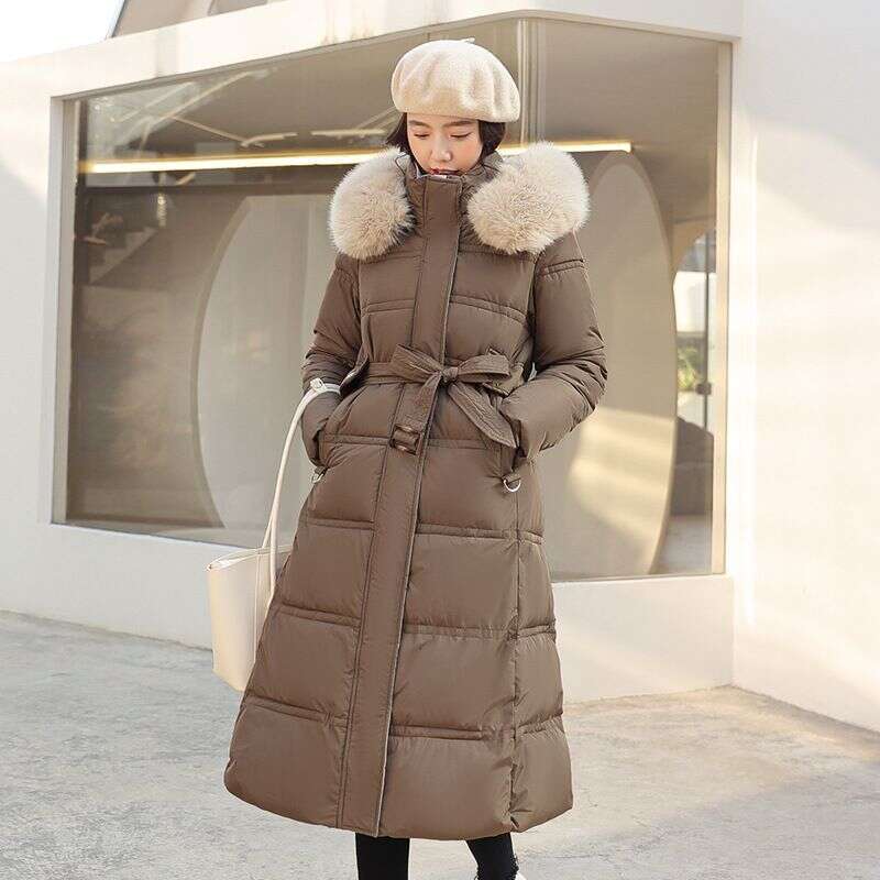 Winter new large fur collar, medium length waist belt, slim fit down cotton women's jacket