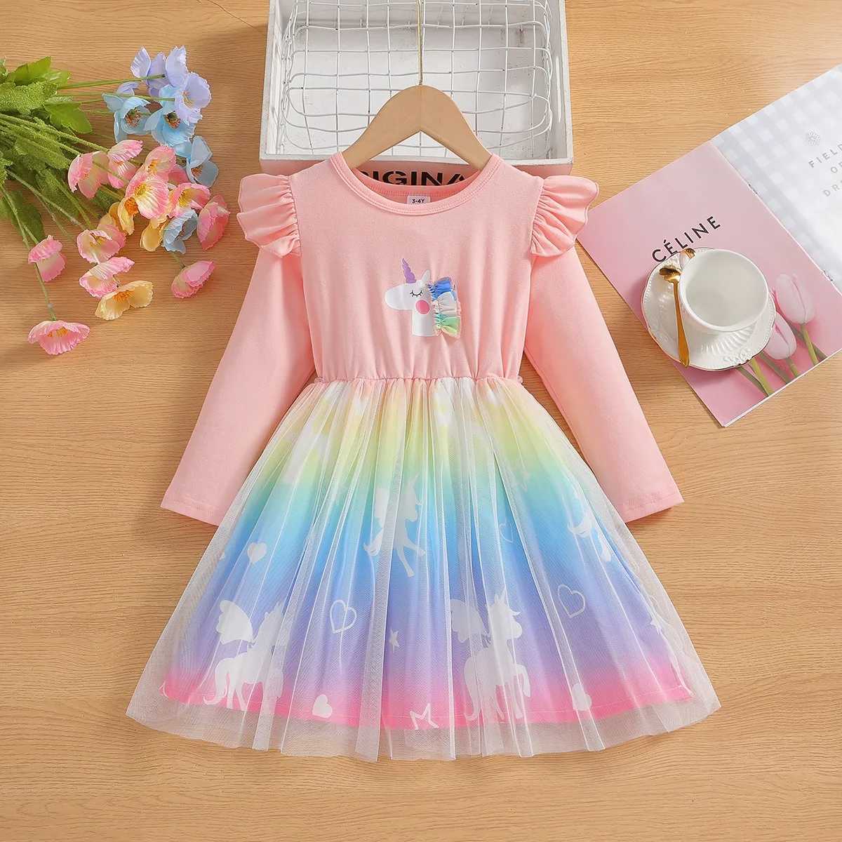 2025 New Princess Dress Unicorn Girls Dress Autumn Kids Clothes Birthday Party Dress Long-sleeved for Children Rainbow 2-8T W250811