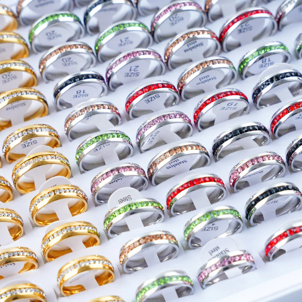 36pcs/Lot Multicolor Rhinestone Stainless Steel Silver Gold Color Rings For Women Men Mix Style Fashion Wedding Jewelry Party 250807