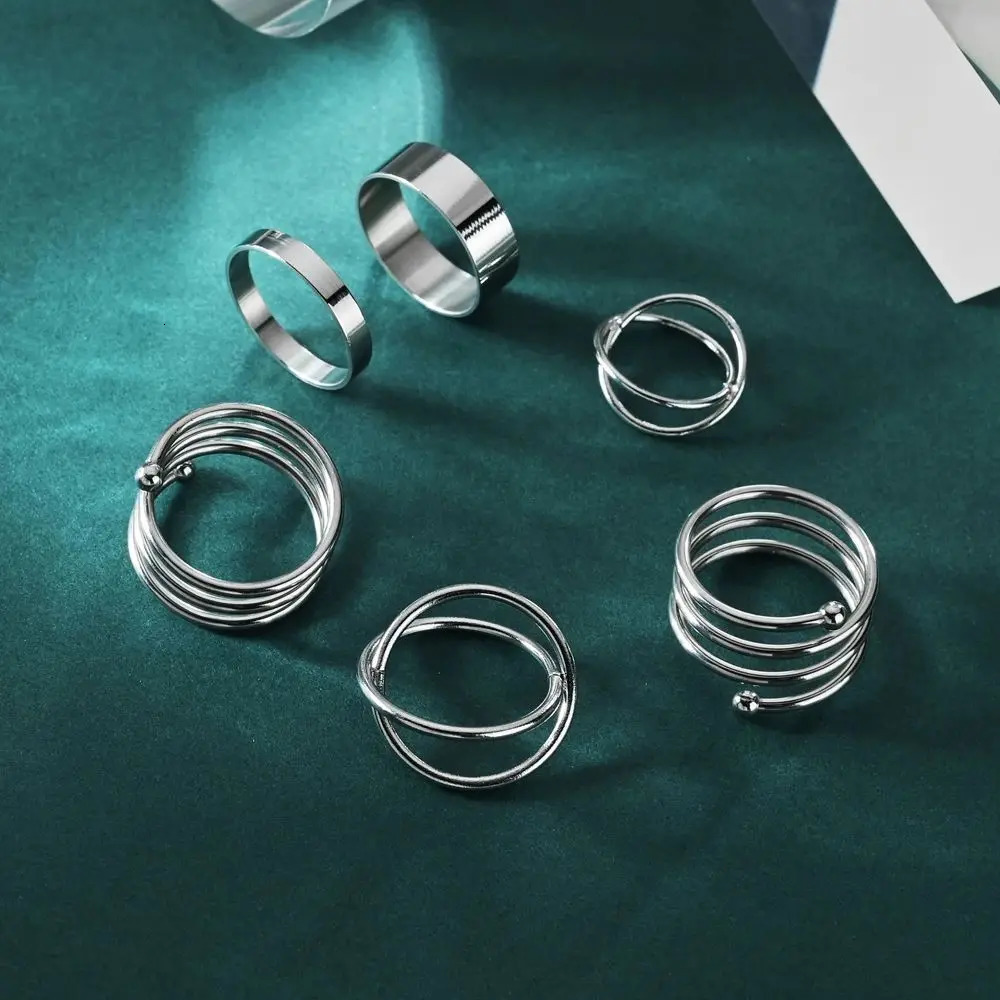 6pcs/set Simple Lines Silver Color Smooth Waterproof Stainless Steel Ring Set For Men Women Personalized Fashion Jewelry Gifts 250805