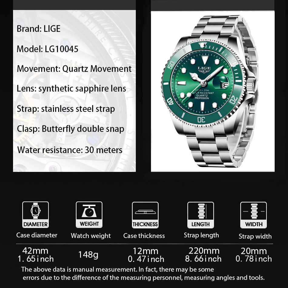 LIGE Top Brand Luxury Fashion Diver Watch Men 30ATM Waterproof Date Clock Sport Watches Mens Quartz Wristwatch Relogio Masculino Business watch