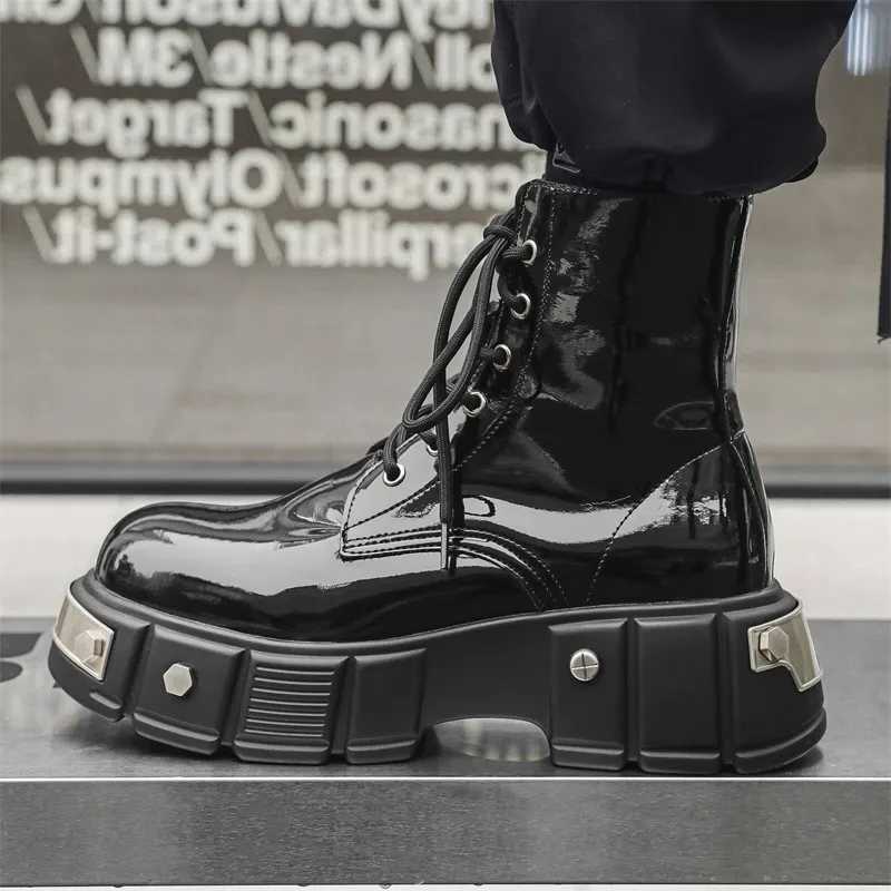 Autumn Men Platform Boots Patent Leather Casual Ankle Boots Metal Male Chunky Sole Flats Sneakers British Party Dress Shoes Size 46 W250811