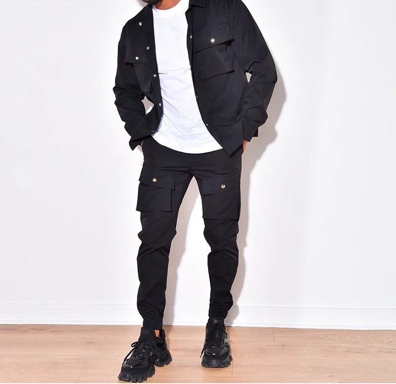 Autumn Sets for Men Clothes Fashion Versatile Casual Tailored Collar Solid Long Sleeved Jacket Sweat Cargo Pants Suit Y2k 250811