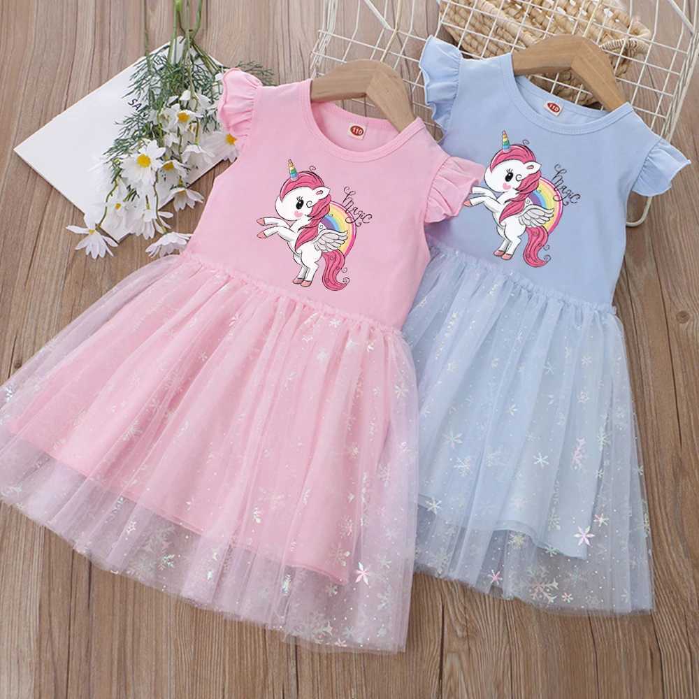 2025 New Summer Rainbow Girls Clothes Princess Dresses Flying Sleeve Kids Dress Unicorn Party Baby Dresses for Children Clothing W250811