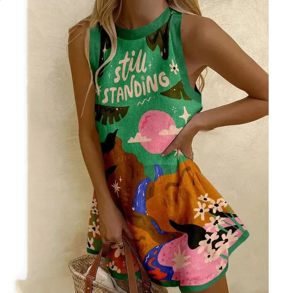 Vestidos Para Mujer Women Puzzle Print Summer Dress Sleeveless Casual Tank Top O-Neck Beach Dresses Female High Quality Clothing 250809