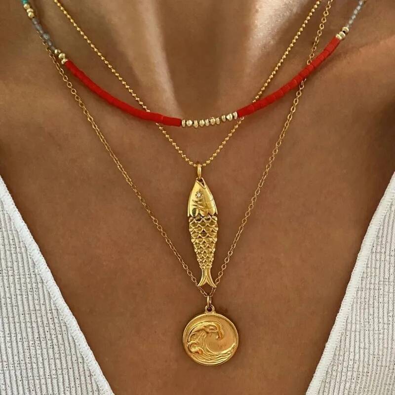 Uworld Minimalist Gold Color Plated Stainless Steel Carp Black Zirconia Fish Pendant Necklace Women's Jewel Jewelry for Women