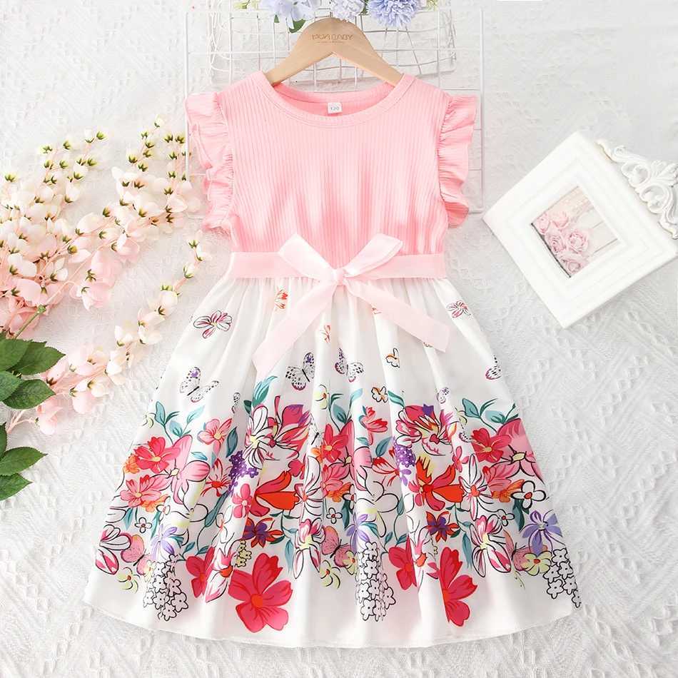 2025 Girls Summer Print Flower Spliced 2-10 Years Baby Girl Floral Princess Summer Dress with Ruffled Sleeves W250811