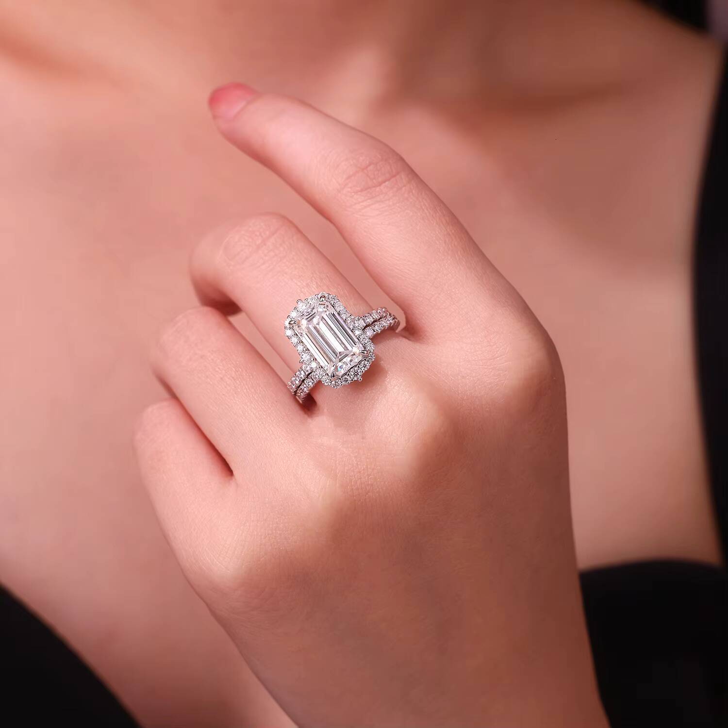 Octagon Emerald Cut Moissanite Ring Set 925 Silver 18K Gold with GRA Certificate Wedding Anniversary Gift for Women