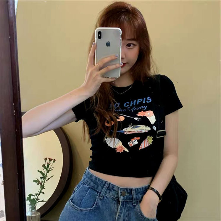 High Waist Crop Top Hot Girl Short T Shirt Women Slim Fit Korean Style Ins Internet Celebrity Summer Chic Hong Kong Style Top Short Sleeve
