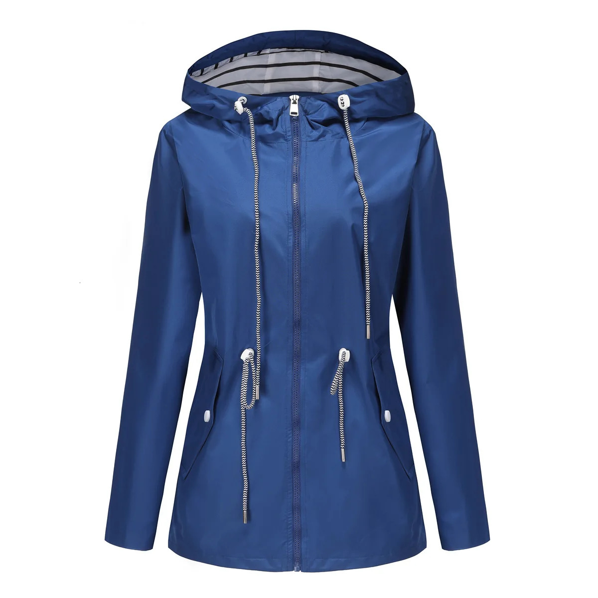 Red Waterproof Hooded Jacket Women Fashion Casual Coat Waist Drawstring Tie Zipper Switch Blue Green Yellow Black Windbreaker 250809