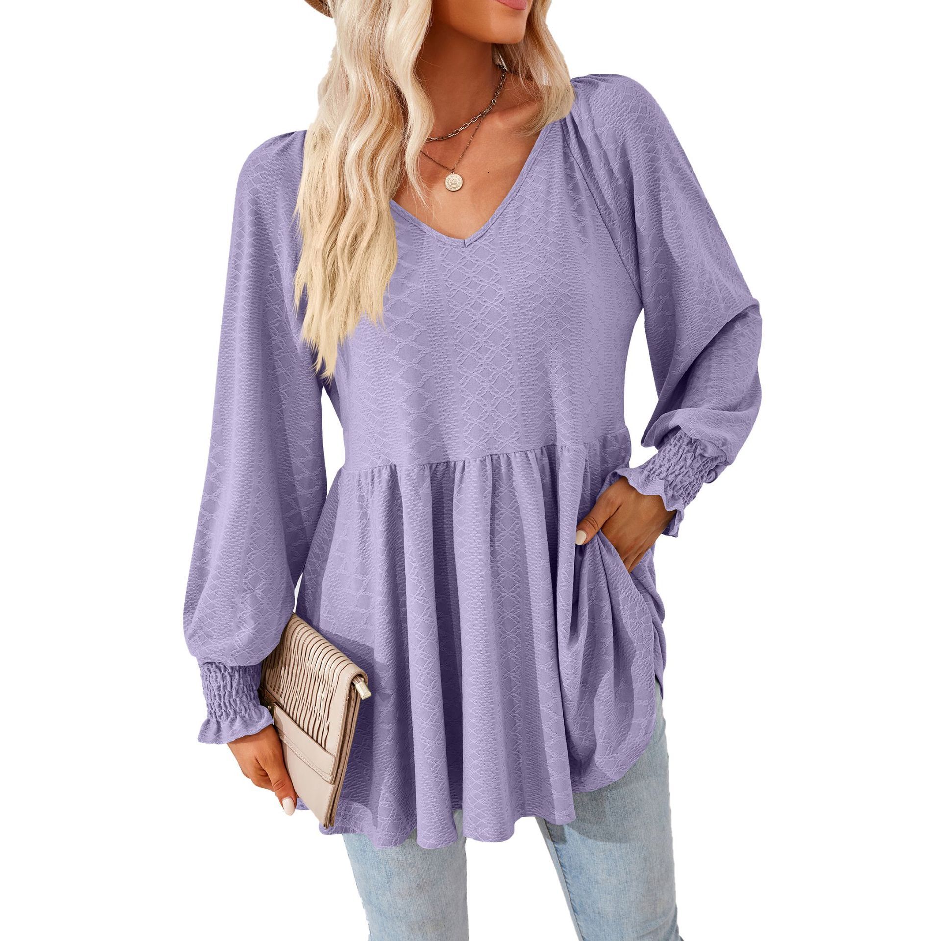 2025 Autumn and Winter Solid Color Patchwork V-Neck Jacquard Long Sleeve Loose T-Shirt for Women