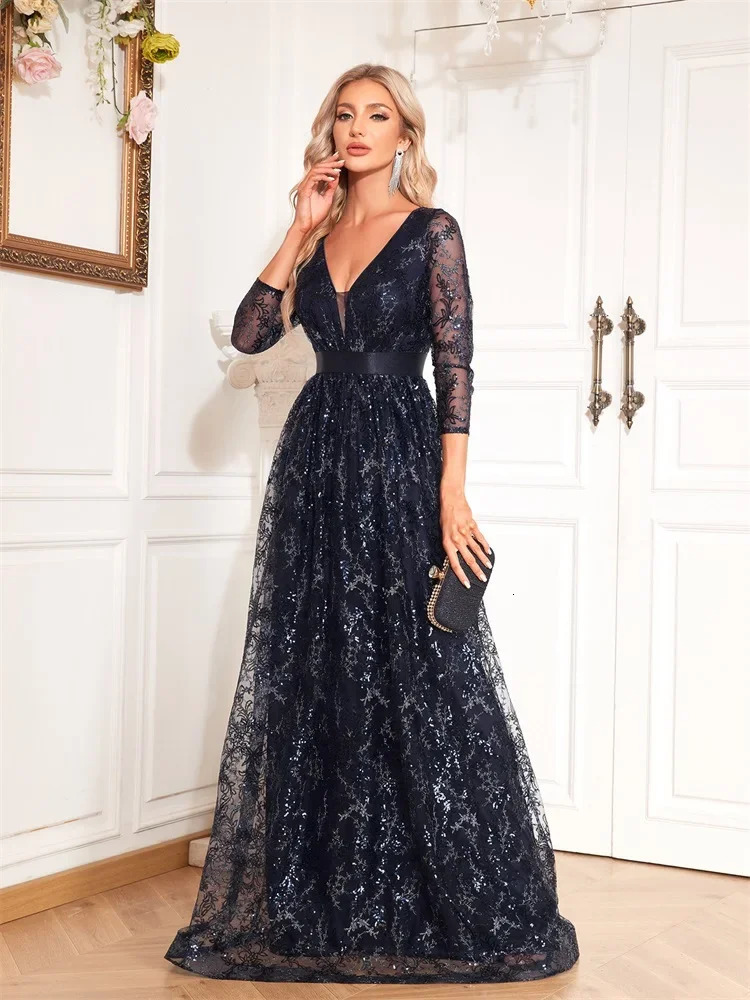 Elegant Blue VNeck Floral Evening Dress Long y Women Sleeve Wedding Party Cocktail Graduation Prom 250811