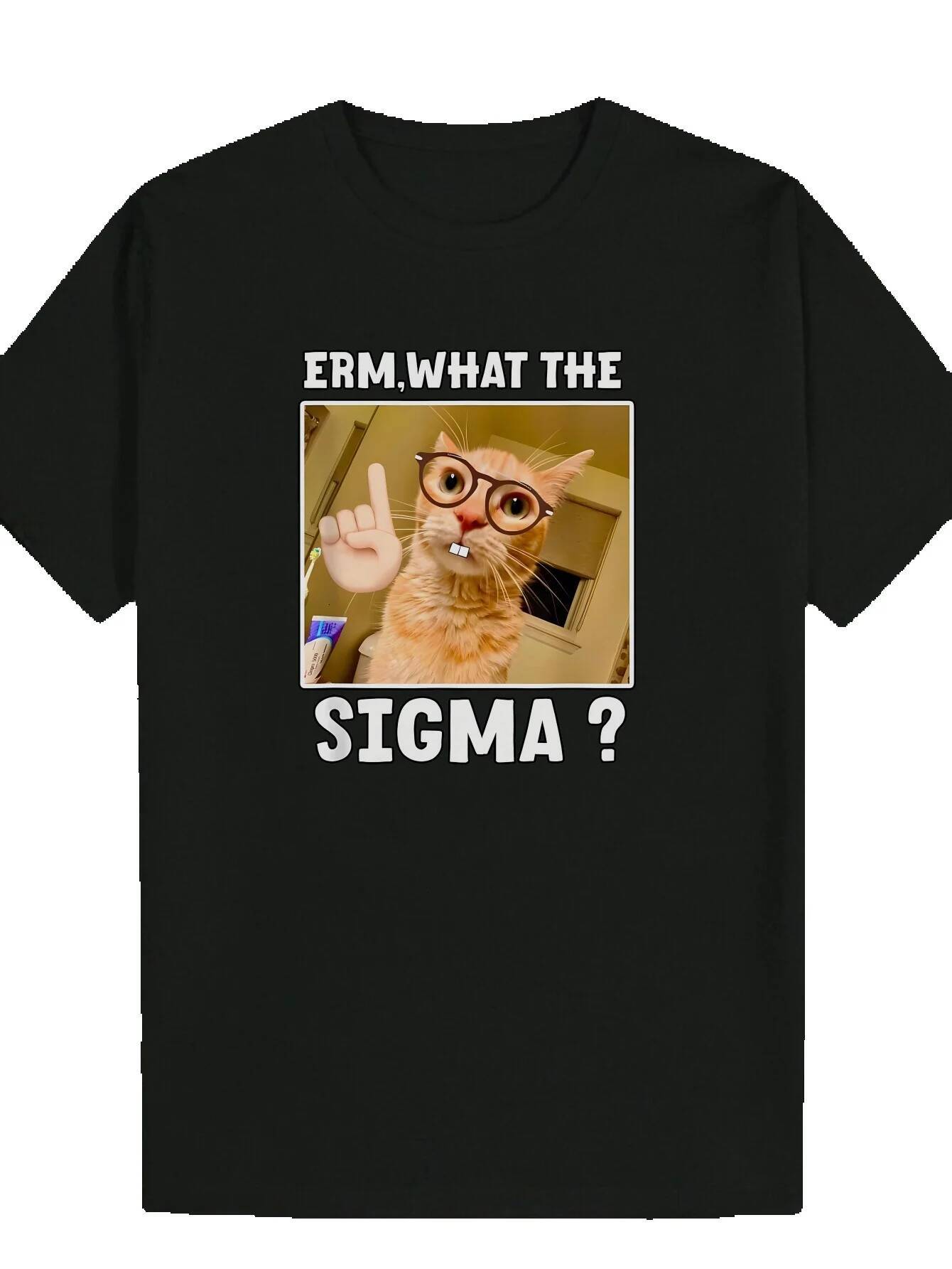 Men's Summer Cat Wearing Glasses and "ERR WHAT THE SIGMA?" Print 100% Crew Neck - Machine Washable Regular Fit Black Top, Suitable for 