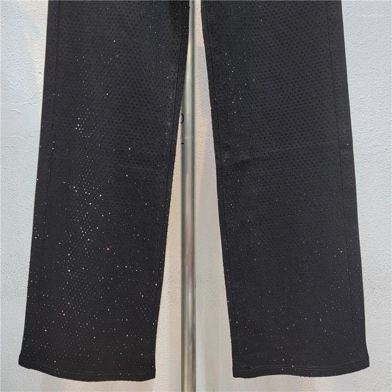 Women's Jeans 2025 Fashion Summer High Waist Single Sided Full Rhinestone Black Straight Wide Leg Denim Pants Z260313