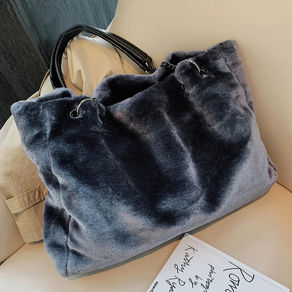 HISUELY Faux Fur Tote Bag Winter Plush Women Shoulder Casual Lady Handbag Female Chain Larger Capacity Travel Shopping 250811
