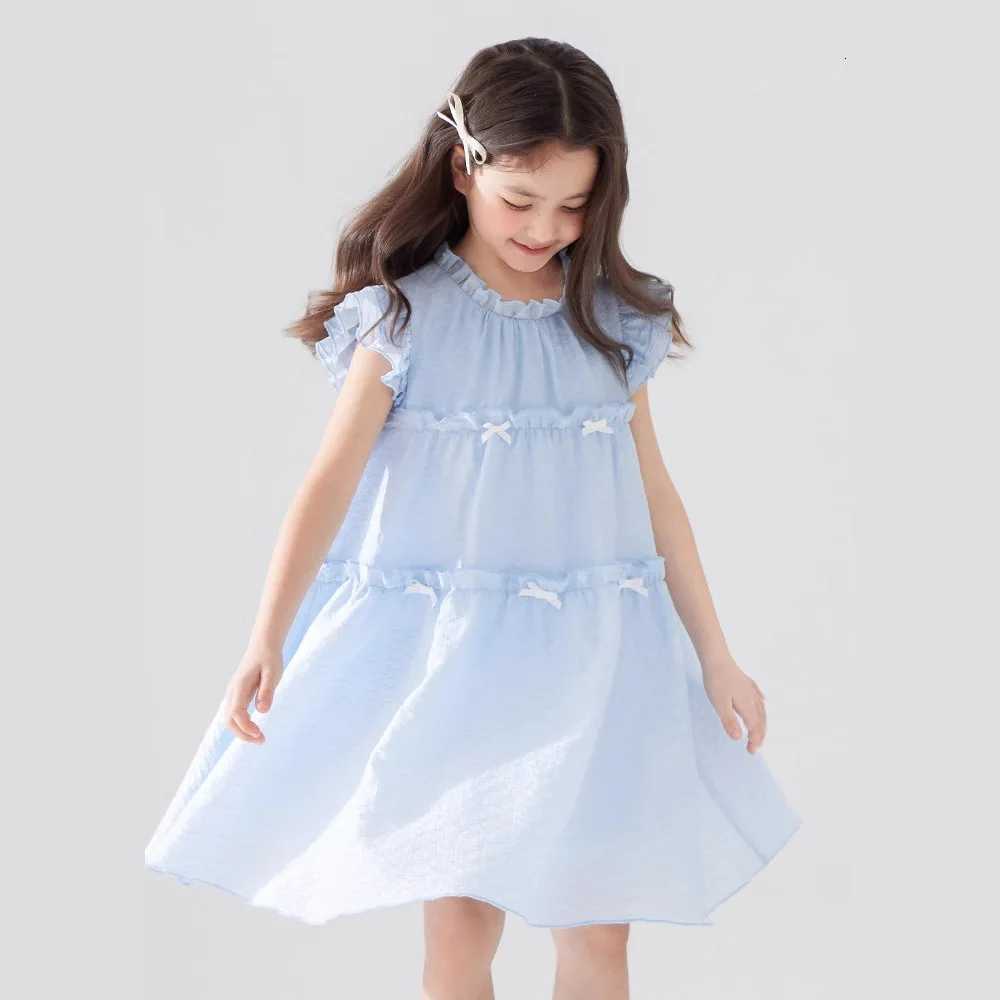 Girls Summer Dress Sweet Flying Sleeve Bow Lace Ruched Kids Girls Princess Dress Thin Cotton Cool Children Girls Dress W250811