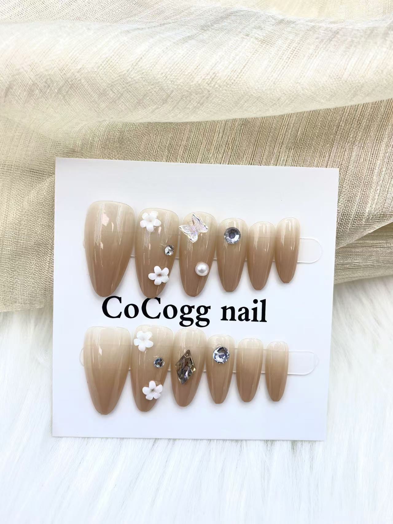 Handmade Fake nails Nude Brown Ombre Almond press on nails with Flower Butterfly Rhinestone Pearl Design Full Cover DIY Tips